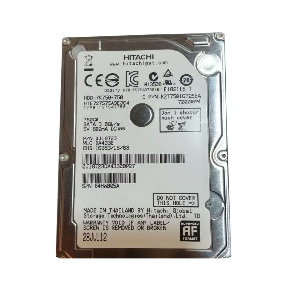 HTE727575A9E364 Hitachi Travelstar 7K750 750GB 7200RPM SATA 3GB/s 16MB Cache 2.5-inch Hard Disk Drive