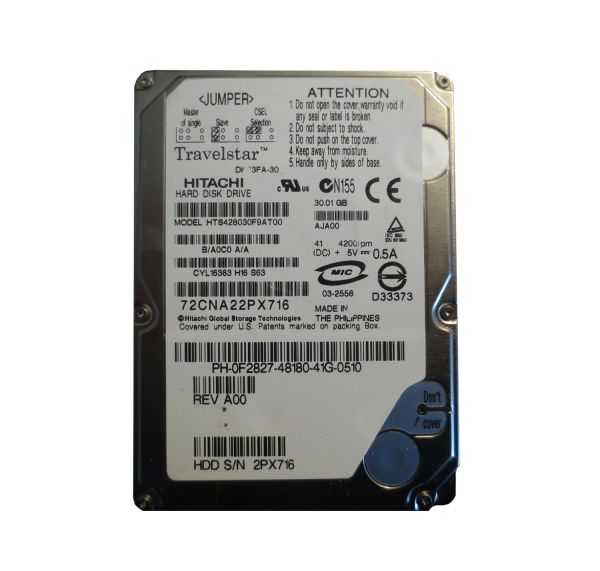 HTS428030F9AT00 Hitachi Travelstar 4K80 30GB 4200RPM ATA-100 2MB Cache 2.5-inch Hard Disk Drive