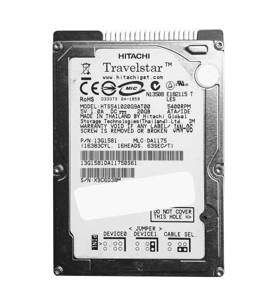 HTS541020G9AT00 Hitachi Travelstar 5K100 20GB 5400RPM IDE Ultra ATA/100 (ATA-6) 8MB Cache 2.5-inch Hard Drive
