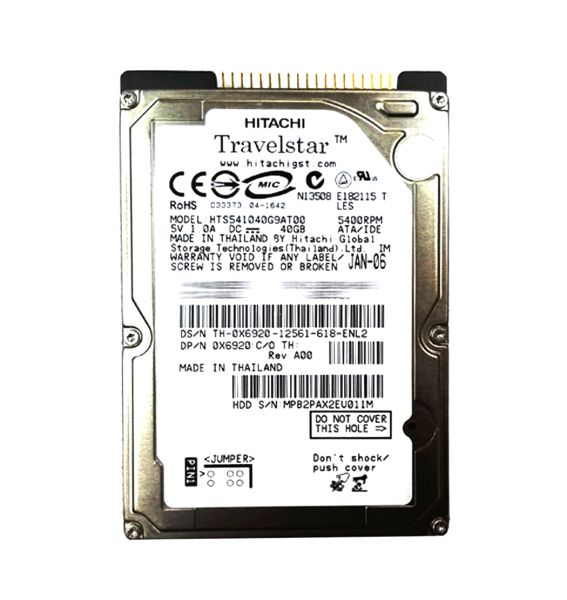 HTS541040G9AT00 Hitachi TravelStar 40GB 5400RPM IDE/ATA 8MB Cache 44-Pin 2.5-inch 9.5MM Hard Drive