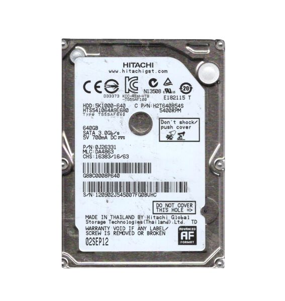 HTS541064A9E680 Hitachi Travelstar 5K1000 640GB 5400RPM SATA 6GB/s 8MB Cache 2.5-inch Hard Disk Drive