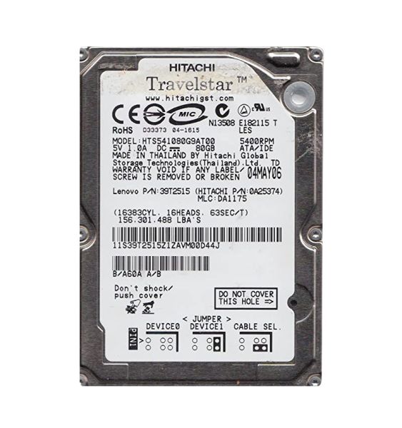 HTS541080G9AT00 Hitachi Travelstar 80GB 5400RPM IDE Ultra ATA/100 (ATA-6) 8MB Cache 2.5-inch Hard Drive