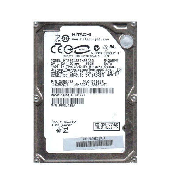 HTS541280H9SA00 Hitachi Travelstar 5K120 80GB 5400RPM SATA 1.5GB/s 8MB Cache 2.5-inch Hard Disk Drive