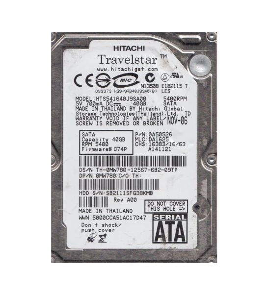 HTS541640J9SA00 Hitachi TravelStar 5K160 40GB 5400RPM SATA 8MB Cache 7-Pin 2.5-inch Hard Drive