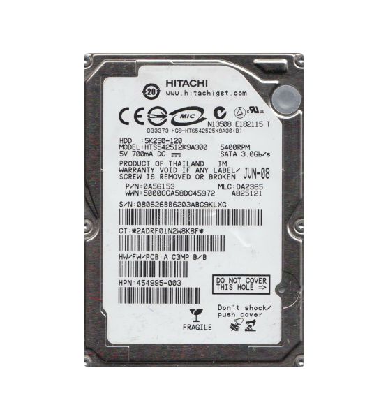 HTS542512K9A300 Hitachi Travelstar 5K250 120GB 5400RPM SATA 3GB/s 8MB Cache 2.5-inch Hard Disk Drive