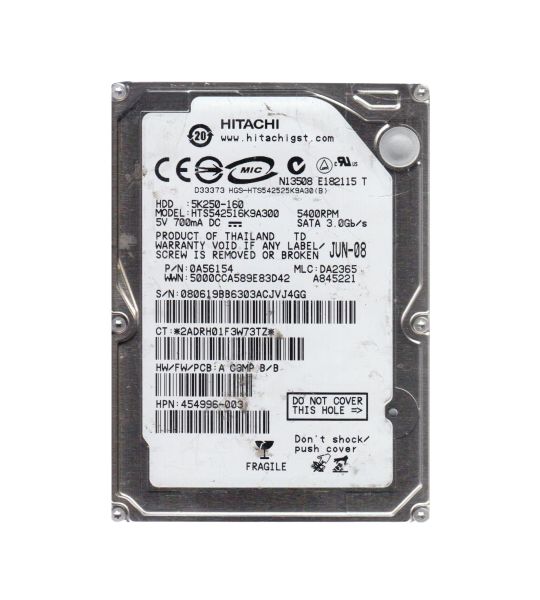 HTS542516K9A300 Hitachi Travelstar 5K250 160GB 5400RPM SATA 3GB/s 8MB Cache 2.5-inch Hard Disk Drive
