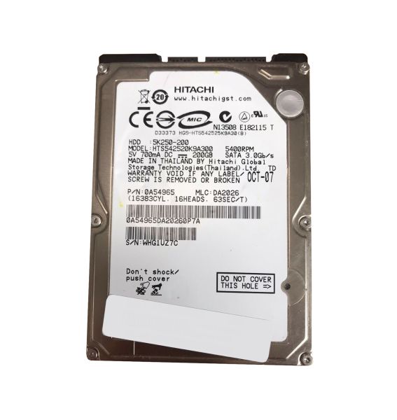 HTS542520K9A300 Hitachi Travelstar 5K250 200GB 5400RPM SATA 3GB/s 8MB Cache 2.5-inch Hard Disk Drive