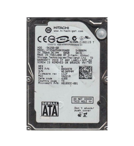 HTS542560K9SA00 Hitachi Travelstar 5K250 60GB 5400RPM SATA 1.5Gb/s 8MB Cache 2.5-inch Hard Drive