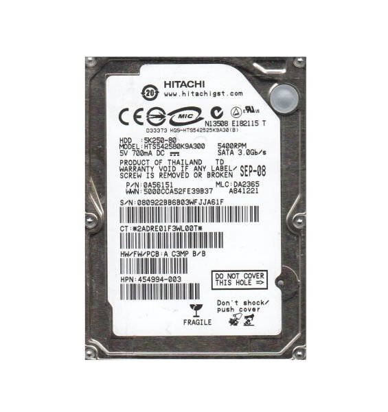 HTS542580K9A300 Hitachi Travelstar 5K250 80GB 5400RPM SATA 3GB/s 8MB Cache 2.5-inch Hard Disk Drive