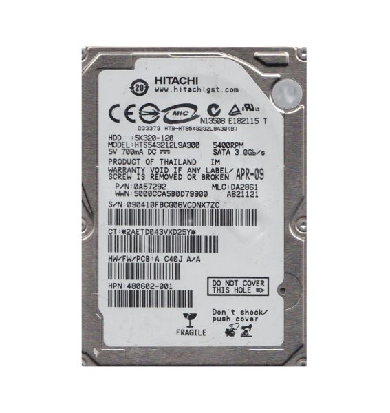 HTS543212L9A300 Hitachi TravelStar 120GB 5400RPM SATA 3Gb/s 8MB Cache 7-Pin 2.5-inch Hard Drive