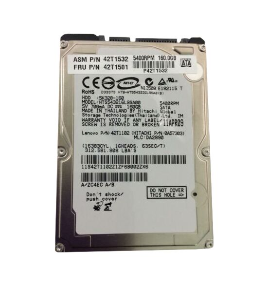 HTS543216L9SA00 Hitachi Travelstar 5K320 160GB 5400RPM SATA 1.5Gb/s 8MB Cache 2.5-inch Hard Drive