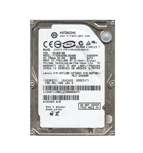 HTS543280L9SA00 Hitachi Travelstar 5K320 80GB 5400RPM SATA 1.5Gb/s 8MB Cache 2.5-inch Hard Drive