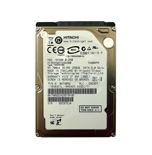 HTS545025B9A300 Hitachi Travelstar 5K500.B 250GB 5400RPM SATA 3GB/s 8MB Cache 2.5-inch Hard Disk Drive