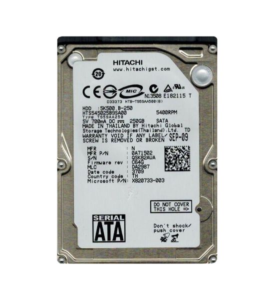 HTS545025B9SA00 Hitachi Travelstar 5K500.B 250GB 5400RPM SATA 1.5GB/s 8MB Cache 2.5-inch Hard Disk Drive