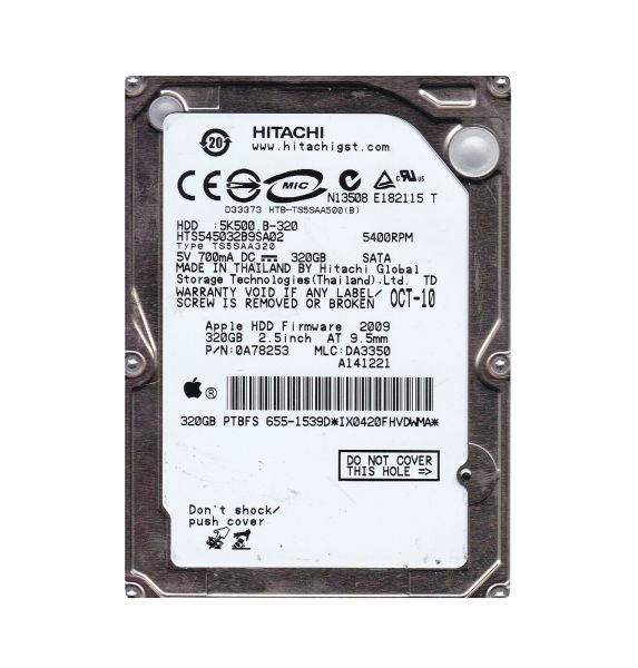 HTS545032B9SA02 Hitachi Travelstar 5K500.B 320GB 5400RPM SATA 1.5GB/s 8MB Cache 2.5-inch Hard Disk Drive
