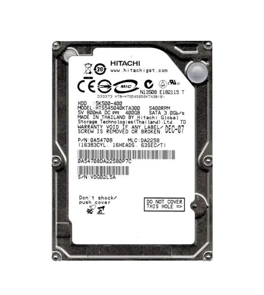 HTS545040KTA300 Hitachi Travelstar 5K500 400GB 5400RPM SATA 3GB/s 8MB Cache 2.5-inch Hard Disk Drive