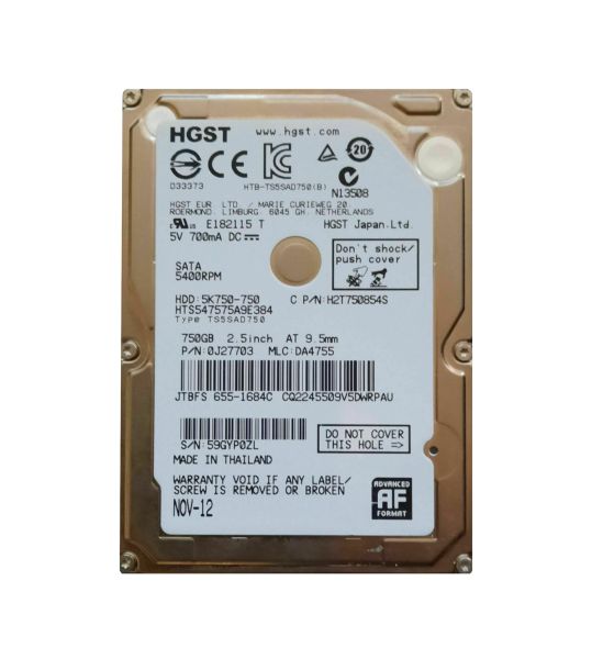 HTS547575A9E384 Hitachi TravelStar 5K750 750GB 5400RPM SATA 3Gb/s 8MB Cache 2.5-inch Hard Drive