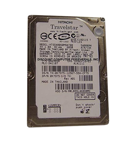 HTS548060M9AT00 Hitachi TravelStar 60GB 5400RPM IDE Ultra ATA/100 (ATA-6) 8MB Cache 44-Pin 2.5-inch Hard Drive