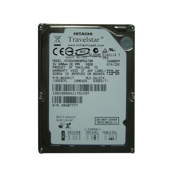 HTS548080M9AT00 Hitachi Travelstar 5K80 80GB 5400RPM IDE Ultra ATA/100 (ATA-6) 8MB Cache 2.5-inch Hard Drive