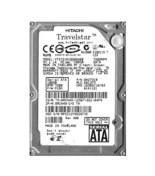 HTS721010G9SA00 Hitachi TravelStar 7K100 100GB 7200RPM SATA 8MB Cache 7-Pin 2.5-inch Hard Drive