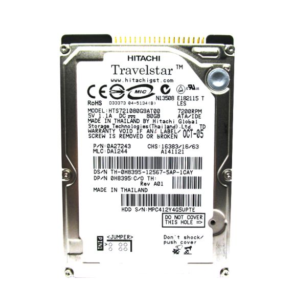 HTS721080G9AT00 Hitachi TravelStar 7K100 80GB 7200RPM 8MB Cache IDE Ultra ATA/100 (ATA-6) 44-Pin 2.5-inch Hard Drive