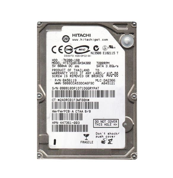 HTS722016K9A300 Hitachi Travelstar 7K200 160GB 7200RPM SATA 3GB/s 16MB Cache 2.5-inch Hard Disk Drive