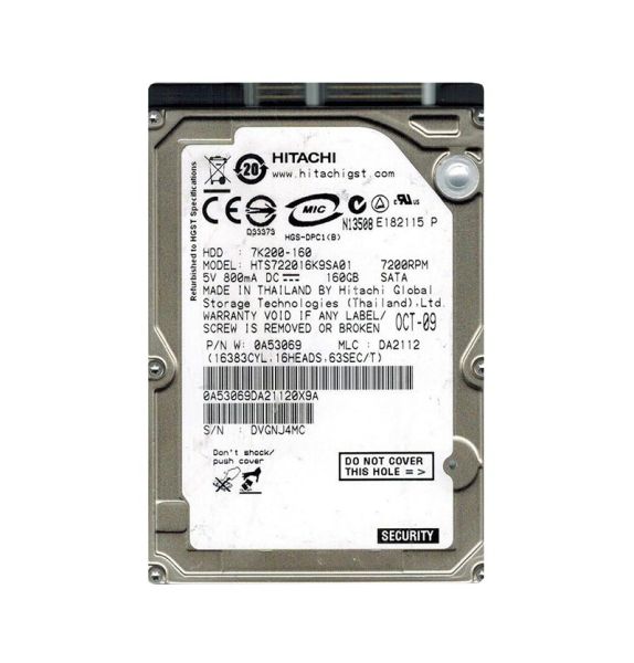 HTS722016K9SA01 Hitachi Travelstar 7K200 160GB 7200RPM SATA 1.5GB/s 16MB Cache 2.5-inch Hard Disk Drive