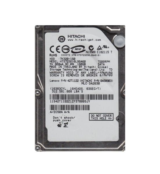 HTS723216L9SA60 Hitachi Travelstar 7K320 160GB 7200RPM SATA 1.5Gb/s 16MB Cache 2.5-inch Hard Drive
