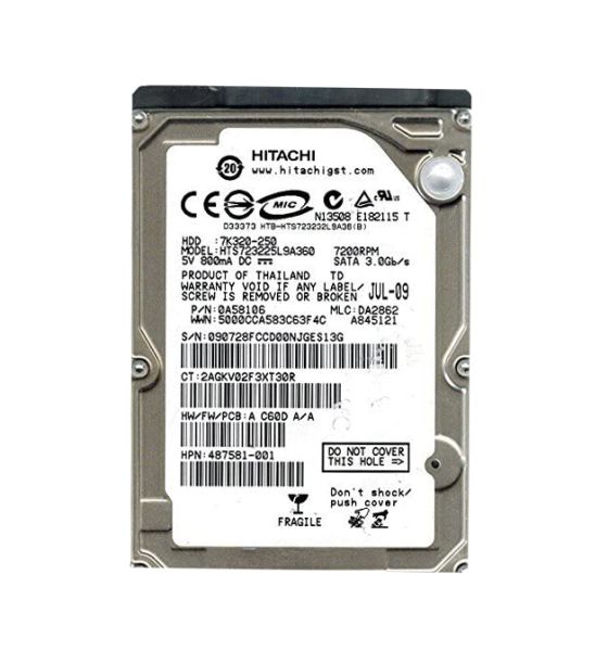 HTS723225L9A360 Hitachi Travelstar 7K320 250GB 7200RPM SATA 3GB/s 16MB Cache 2.5-inch Hard Disk Drive