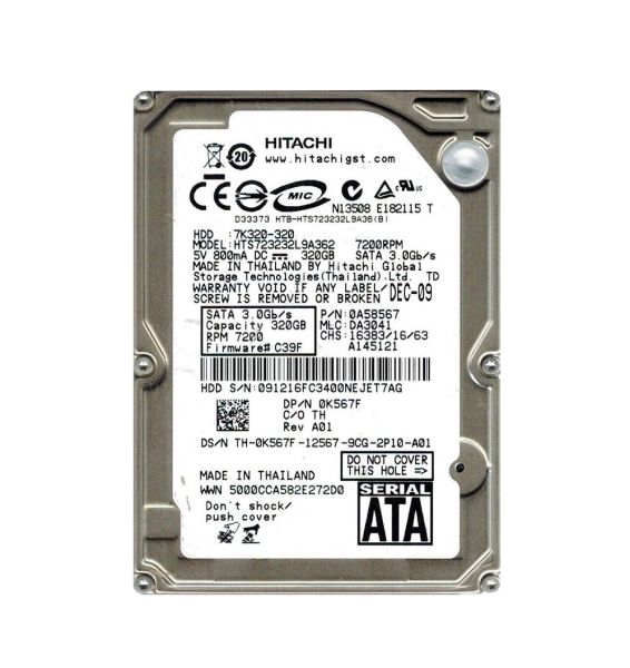 HTS723232L9A362 Hitachi Travelstar 7K320 320GB 7200RPM SATA 3GB/s 16MB Cache 2.5-inch Hard Disk Drive