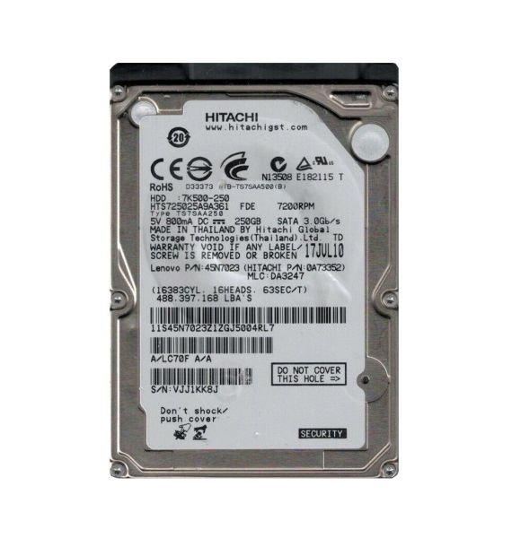 HTS725025A9A361 Hitachi Travelstar 7K500 250GB 7200RPM SATA 3GB/s 16MB Cache 2.5-inch Hard Disk Drive
