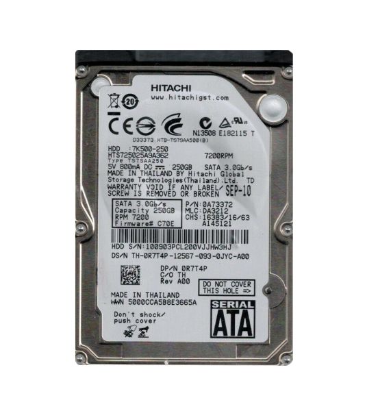 HTS725025A9A362 Hitachi Travelstar 7K500 250GB 7200RPM SATA 3GB/s 16MB Cache 2.5-inch Hard Disk Drive