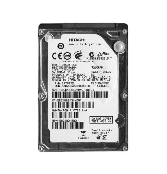HTS725025A9A364 Hitachi Travelstar 7K500 250GB 7200RPM SATA 3GB/s 16MB Cache 2.5-inch Hard Disk Drive