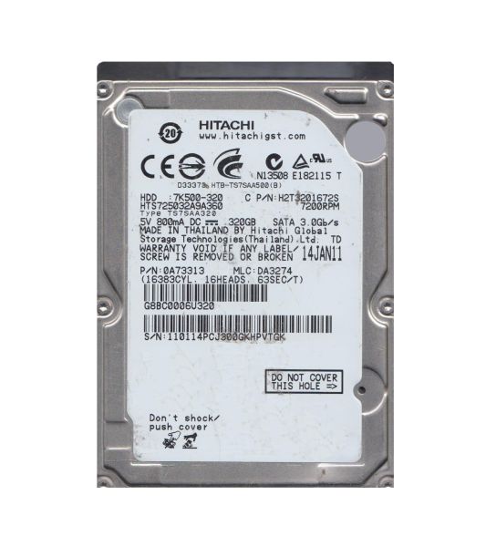 HTS725032A9A360 Hitachi Travelstar 7K500 320GB 7200RPM SATA 3Gb/s 16MB Cache 2.5-inch Hard Drive