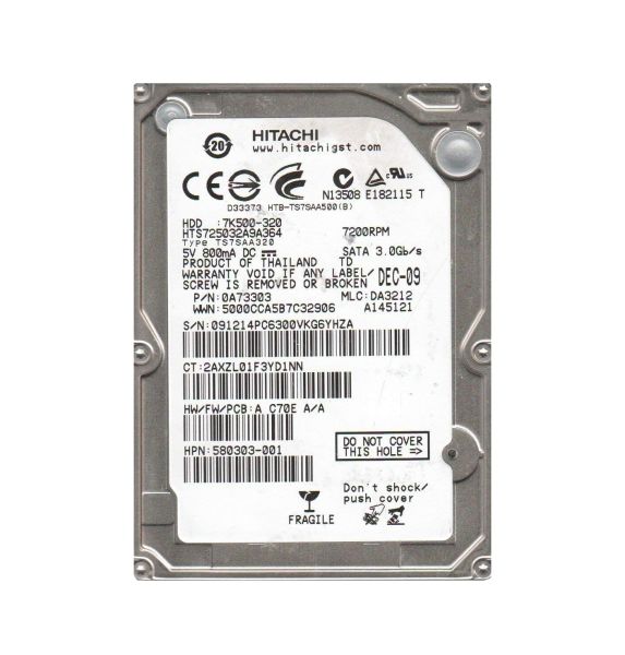HTS725032A9A364 Hitachi TravelStar 7K500 320GB 7200RPM SATA 3Gb/s 16MB Cache 7-Pin 2.5-inch Hard Drive
