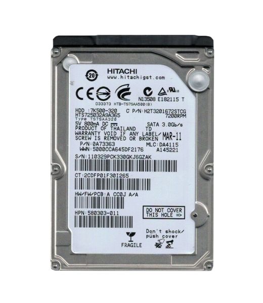 HTS725032A9A365 Hitachi Travelstar 7K500 320GB 7200RPM SATA 3GB/s 16MB Cache 2.5-inch Hard Disk Drive