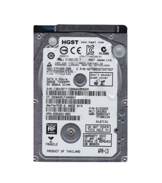 HTS725050A7E635 Hitachi Travelstar Z7K500 500GB 7200RPM SATA 6GB/s 32MB Cache 2.5-inch Hard Disk Drive