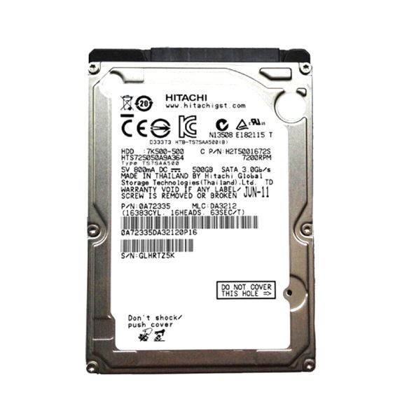 HTS725050A9A364 Hitachi TravelStar 7K500 500GB 7200RPM SATA 3Gb/s 16MB Cache 7-Pin 2.5-inch Hard Drive