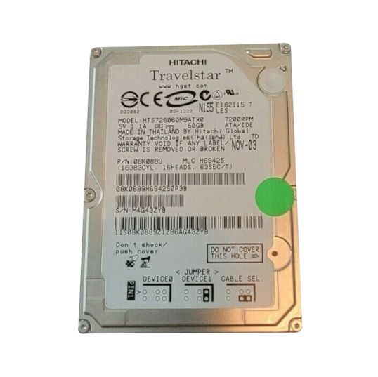 HTS726060M9ATX0 Hitachi Travelstar 7K60 60GB 7200RPM ATA-100 8MB Cache 2.5-inch Hard Disk Drive