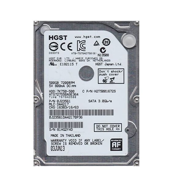 HTS727550A9E364 Hitachi Travelstar 7K750-500 500GB 7200RPM SATA 3Gb/s 16MB Cache 2.5-inch Hard Drive
