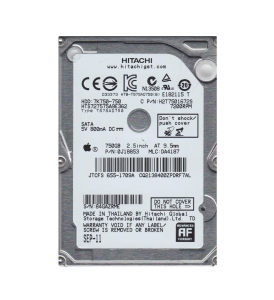 HTS727575A9E362 Hitachi Travelstar 7K750 750GB 7200RPM SATA 3GB/s 16MB Cache 2.5-inch Hard Disk Drive