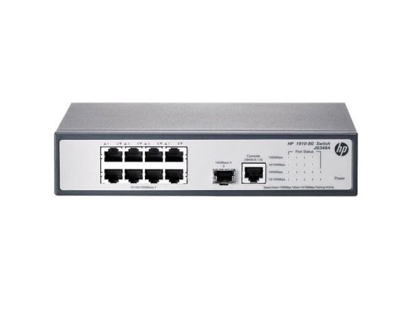 JG348AR#AKL HP ProCurve 1910 Series 1910-8G 8 x Ports 10/100/1000Base-T + 1 x SFP (mini-GBIC) Port Layer 3 Managed 1U Rack-mountable Gigabit Ethernet Network Switch