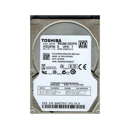 MK2561GSYFN Toshiba 250GB 7200RPM SATA 3.0Gb/s 2.5-inch Laptop Hard Drive