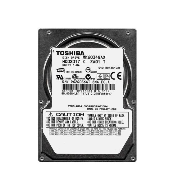 MK6034GAX Toshiba 60GB 5400RPM 8MB Cache 2.5-inch 9.5MM HEIGHT ATA/IDE-100 44-Pin SUPER SLIMLINE Laptop Hard Drive