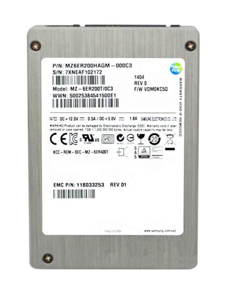 MZ-6ER200T/0C3 Samsung 200GB eMLC SAS 6Gbps High Performance 2.5-inch Internal Solid State Drive