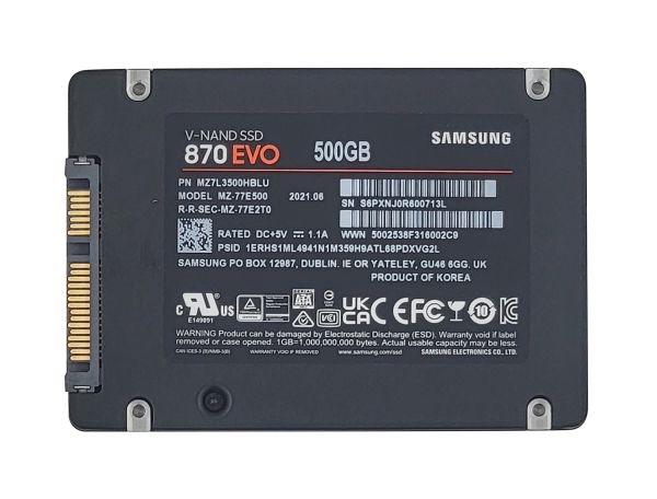 MZ-77E500E Samsung 870 EVO Series 500GB Multi-Level Cell SATA 6Gb/s V-NAND (TCG / OPAL) 2.5-Inch Solid State Drive