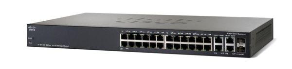 SF300-24 Cisco Small Business 300 Series SF300-24 24 x RJ-45 Ports 10/100Base-TX + 2 x GE RJ-45 Ports + 2 x combo Gigabit SFP mini-GBIC Ports Layer 3 Managed Rack-mountable Fast Ethernet Network Switch