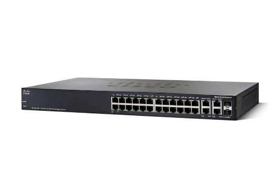 SF300-24P Cisco Small Business 300 Series SF300-24 24 x RJ-45 PoE Ports 10/100Base-TX + 2 x GE RJ-45 Ports + 2 x combo Gigabit SFP mini-GBIC Ports Layer 3 Managed Rack-mountable Fast Ethernet Network Switch