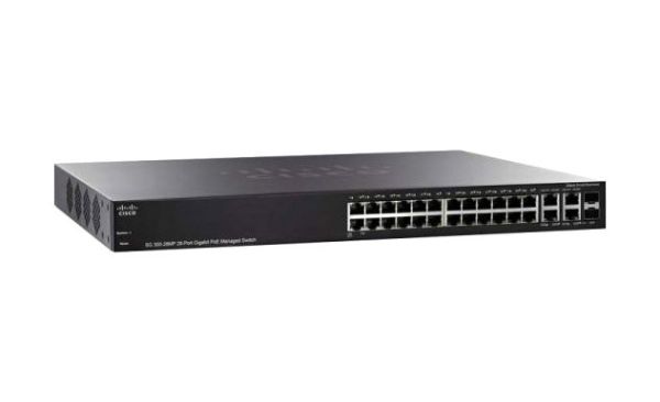 SG300-28MP-K9-UK Cisco Small Business 300 Series PoE RJ-45 28 x Ports 10/100/1000Base-T + 2 x combo Gigabit SFP Layer 3 Managed Desktop Rack Mountable 1U Gigabit Ethernet Switch
