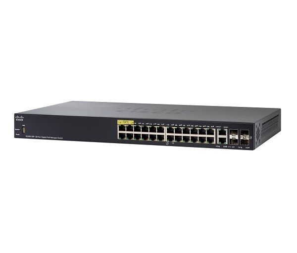 SG350-28P-K9 Cisco Small Business 350-28P RJ-45 PoE+ 24 x Ports 10/100/1000Base-T 2 x GBE + 2 x SFP Manageable Layer 3 Rack-Mountable Gigabit Ethernet Switch